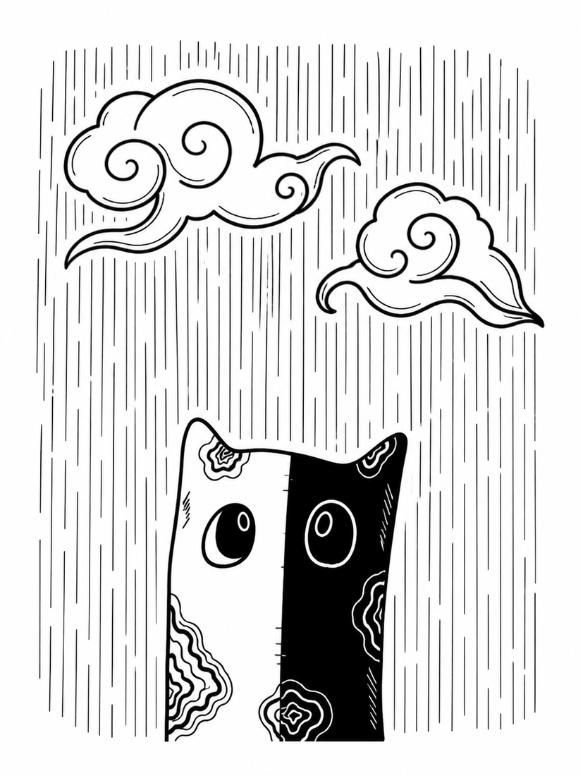 INKWISP standing under hand-drawn pencil clouds and rain