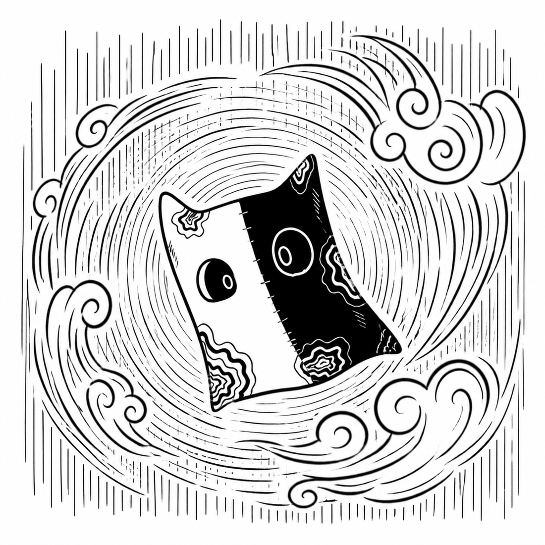 INKWISP, a black-and-white hand-drawn creature, spinning inside a pencil-sketched vortex of swirls and clouds